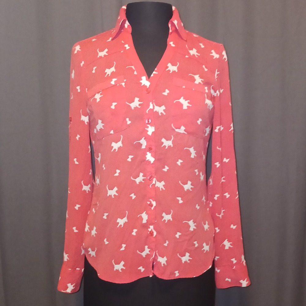 Express The Portofino Shirt XS Coral Pink White Cat Butterfly Top Blouse